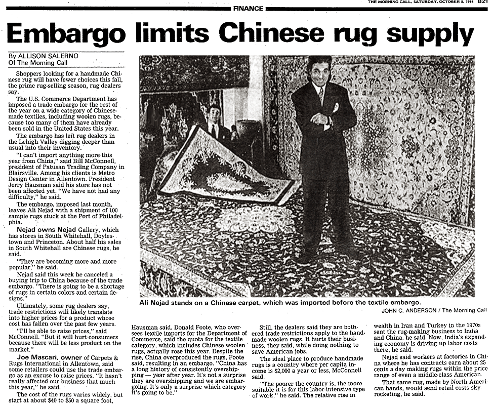 Ali Nejad stands on Chinese carpet imported before embargo
Morning Call news article 'Embargo Limits Chinese Rug Sales'
featuring Ali Nejad of Nejad Gallery Oriental Rugs
Article: Allison Salerno; Photo: John C. Anderson