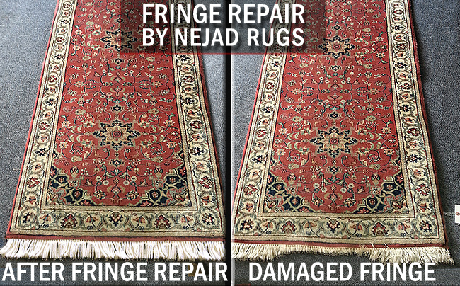 Before and after photos of damaged fringe on oriental rug runner