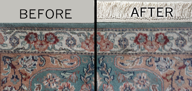 Before and After images of fringe replacement on Oriental rug
