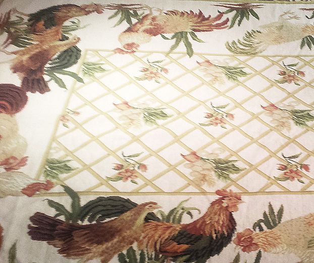 handmade wool needlepoint with roosters & chickens (pictured)