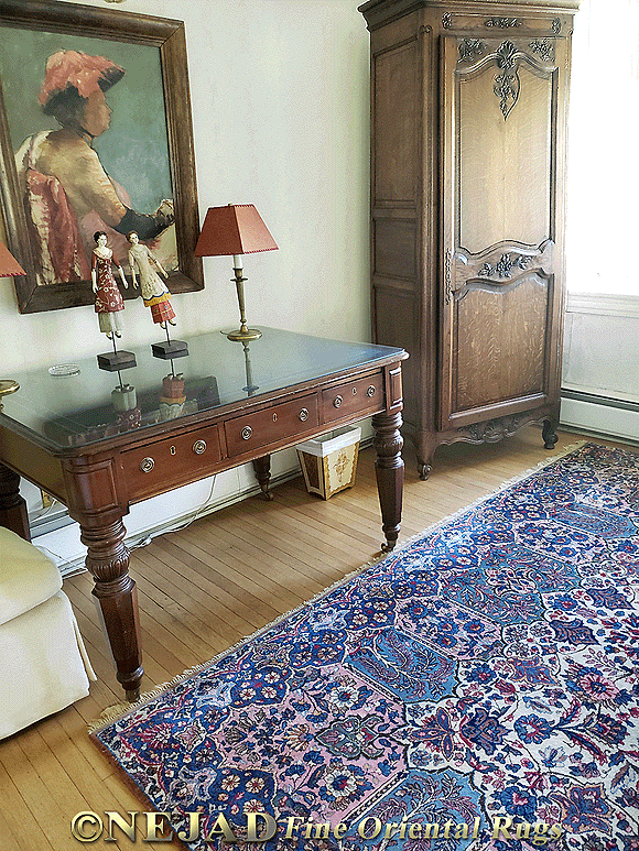 The soft muted tones of ivory, blues, rose 
and greens of classical Persian Kerman rugs
works beautifully with the classic styles of
oil painting featuring Impressionism,
Romanticism, Landscapes and Still Lifes as 
well as the period furniture seen here.