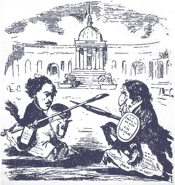 Color VS Line features Artists Delacroix (left) 
- representing Romanticism and the use of Color
- VS Ingres (right) - representing 
Neoclassicism and the use of Line - The two 
effectively Squaring off in the ongoing battle
to gain validation and vindication for their
particular viewpoint.