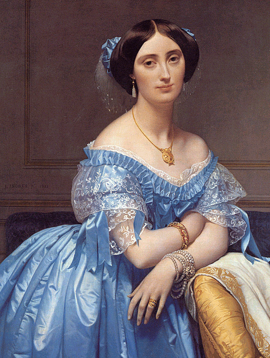 The Princesse de Broglie 4 ft x 3 ft portrait 
by Jean August Dominique Ingres (1853) 
Neoclassical, stylized portrait by Ingres 
features, despite the near-photographic 
realism, deliberate yet subtle distortion 
that would influence later painters such as
Picasso.