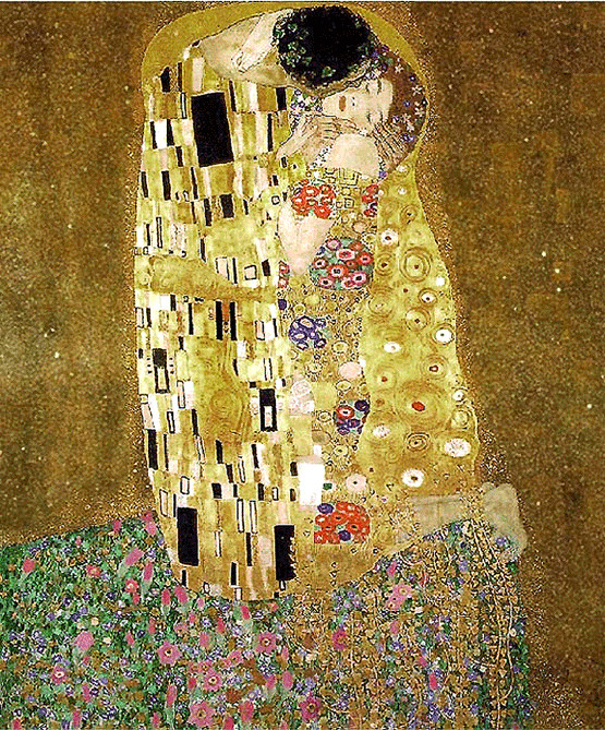 The Kiss by late-19th early-20th century  
French Symbolist artist Gustav Klimt. The 
figures merge, bedecked in a dazzling array 
of gilded and highly-structured rectangle 
and rosette shapes - symbolizing the 
masculine and the feminine, male and female.
