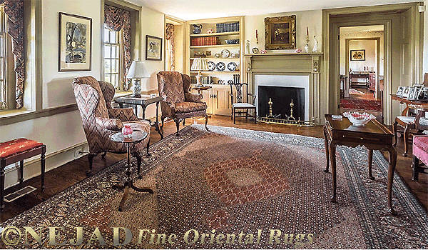 Classic Luxury of the Traditional Kind 
This impressive, room sized, Mahi Tabriz 
genuine Persian rug from Nejad Rugs of 
Doylestown PA. Among the most classic of 
Tabriz rug designs, the Mahi - or fish - 
design works especially well here with the
furnishings and framed art pieces that
surround it. Shop Nejad's extensive 
inventory of investment-quality rugs.