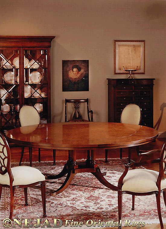 Perfect together! Furniture by Molon and 
Rug by Nejad - The ivory field in this 
Nejad classic medallion rug reflects the
color of the chairs while the color of the 
wood in the furniture is reflected in the
medallion and border colors of the rug.