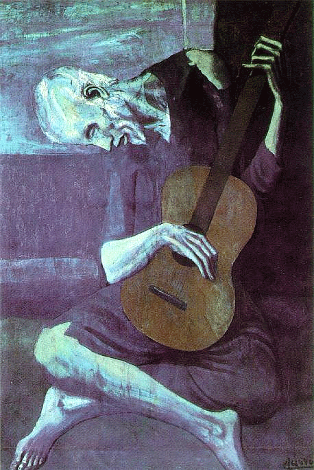 Before Cubism! - The Old Guitarist (1903) 
by Pablo Picasso in what was considered 
his Blue Period (also under the category
Expressionism).