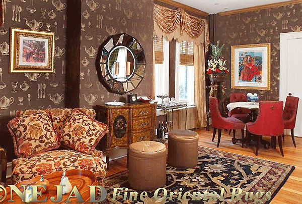 This T027 Modern Agra from the Nejad
American Home Classic Collection is a
dark-colored with gold accents versatile
rug that can be used with many art styles.