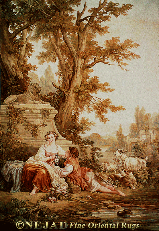 The Aubusson Tapestry (above) is modelled from 
the Francois Boucher painting La Marotte (La
Musette - 1759), The painting is in the Museum 
at the Palace of Versailles 
(At least 2 different versions of this 
painting by Boucher exist).