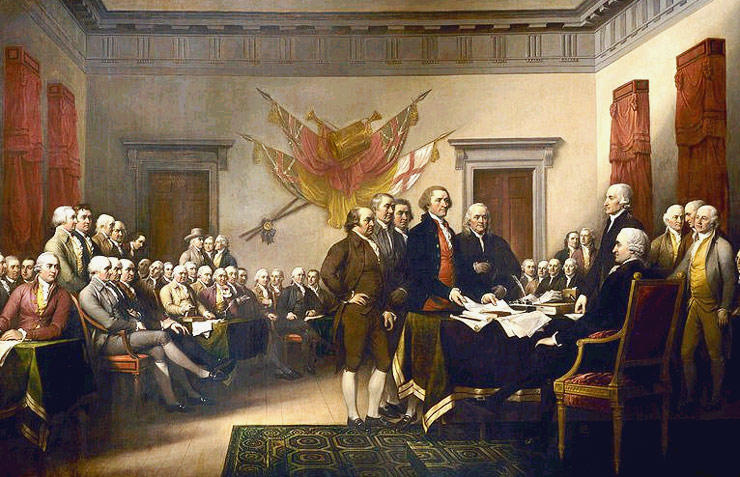 The painting 'The Declaration of Independence'
wasn't begun until a full 10 years after the
historically significant event. American
artist John Trumbull was commissioned with the
daunting task of individually tracking down
(and painting) each of over 40 subjects - i.e.
Adams and Franklin - in London, Jefferson - in
Paris etc. etc. - a task taking over (wait for
it) 3 decades to complete.