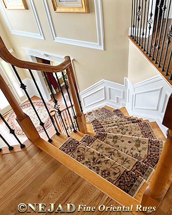 Classic Nejad Oriental Rug Runner Installation 
on Curved Wood Staircase in Luxurious Mount 
Holly NJ Home