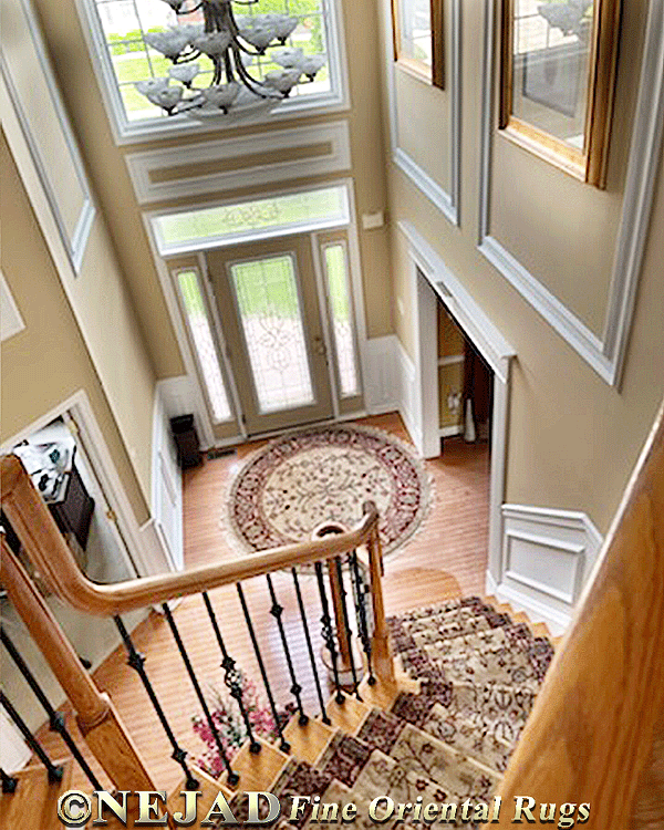 Impressive Aerial View of Nejad M023 Curved 
Stair Rug Runner Installation in Mt. Holly, NJ
 - by Nejad Rugs of Doylestown PA