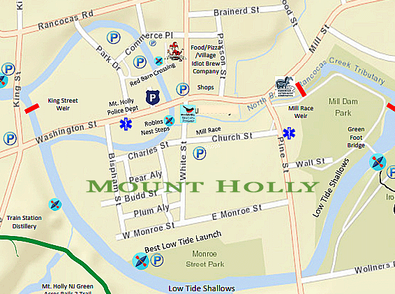 Map of Mt Holly NJ and Historic District 
showing Streets and Rancocas Creek