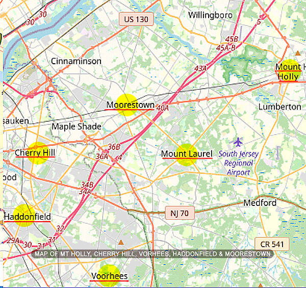 The New Jersey towns of Haddonfield, Cherry 
Hill, Voorhees and Moorestown, NJ are in close 
proximity to - and located to the south and 
west of - Mt Holly.