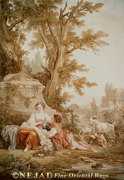French Aubusson Tapestry c. 1900  (after the painting La Musette by Francois Boucher)