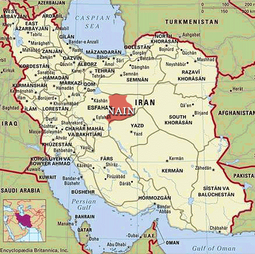 Map of Nain, Iran in Esfahan Province