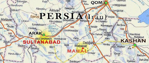 Map of Persia (Modern-day Iran) showing Arak Sultanabad, Sarouk and Mahallat