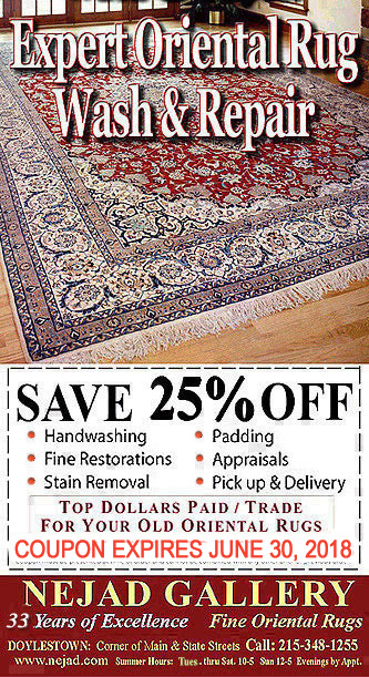  * * * Nejad Oriental Rugs Coupon Offer * * * 
25% OFF Rug Wash, Restoration, Appraisals
* * Top - Dollar Paid on Old Oriental Rugs * *
 * * Offer Expires June 30, 2018 * *