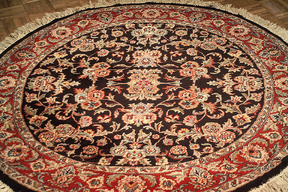 Nejad 5'  5' (Round) Persian KASHAN Hand-Knotted Wool Area Rug - Black / Burgundy