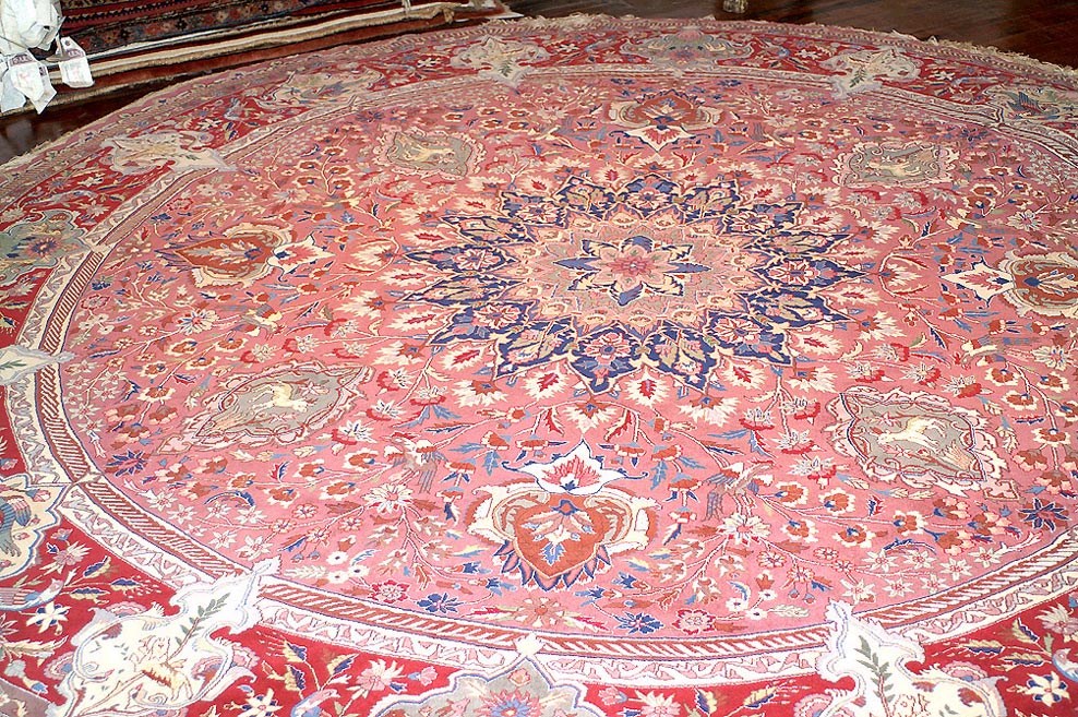 10'  10' Round Persian TABRIZ Authentic Hand-Knotted Wool & Silk Area Rug   Dark Rose/Burgundy