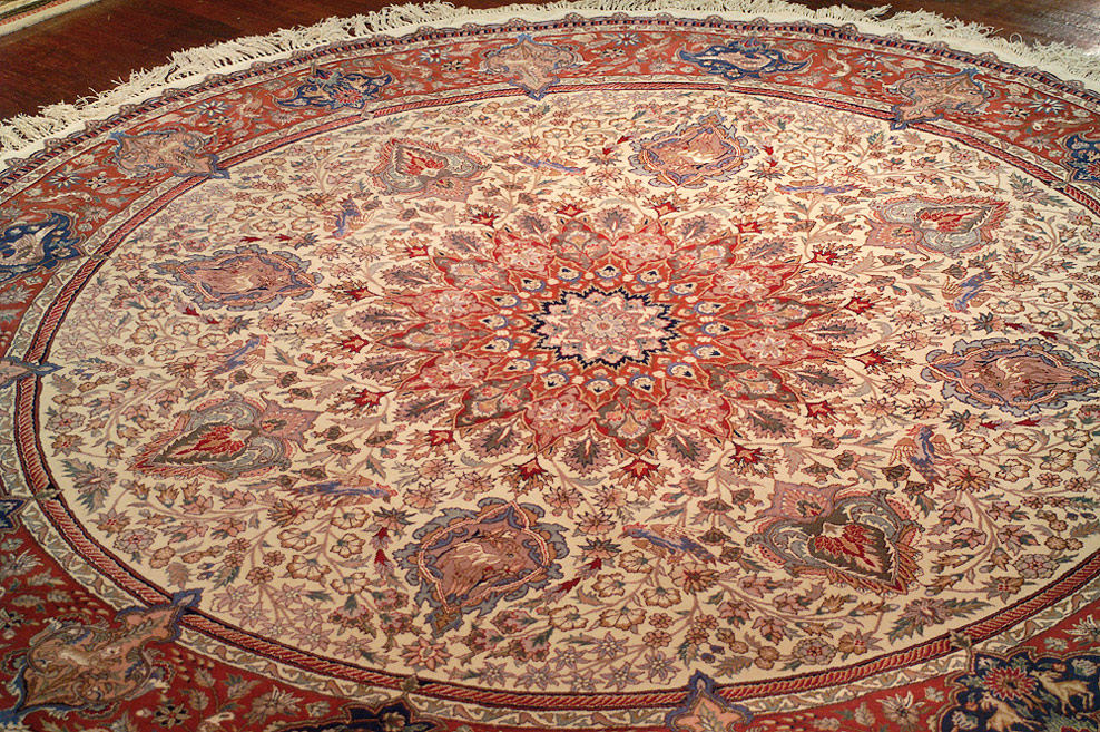 Nejad 7'  7' Round Authentic Persian TABRIZ  Hand-Knotted Wool & Silk Area Rug - Ivory / Rust 