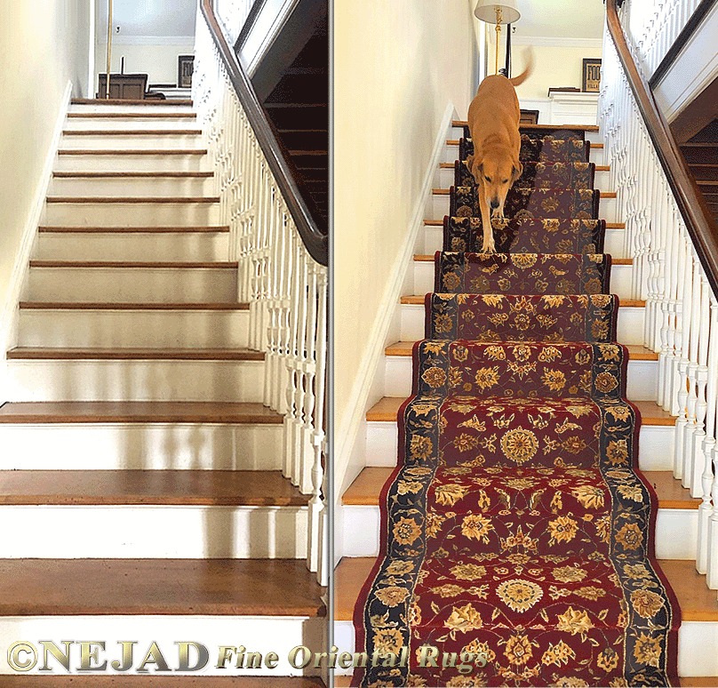 Hand Knotted Staircase Rug Runner shown Before 
and After installation by Nejad.