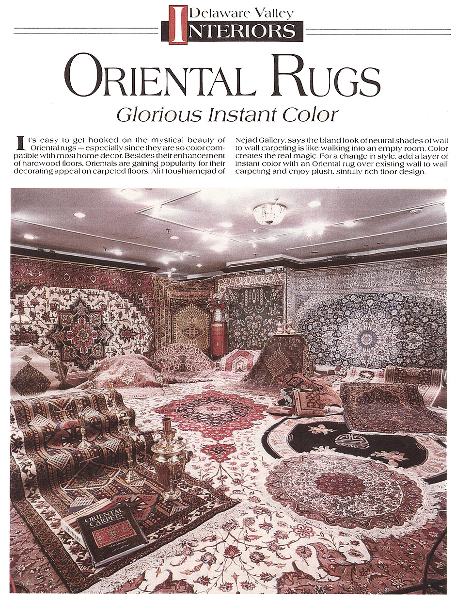 'Glorious Instant Color' - Nejad Gallery Rugs featured ad in Delaware Valley Interiors Magazine 1989 Pg. 95