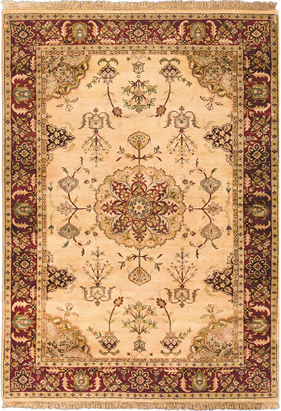 This Gold and Burgundy Tabriz Signature genuine hand knotted rug from Nejad features New Zealand Semi-worsted 100% Wool Pile. Click for More Information about this rug.