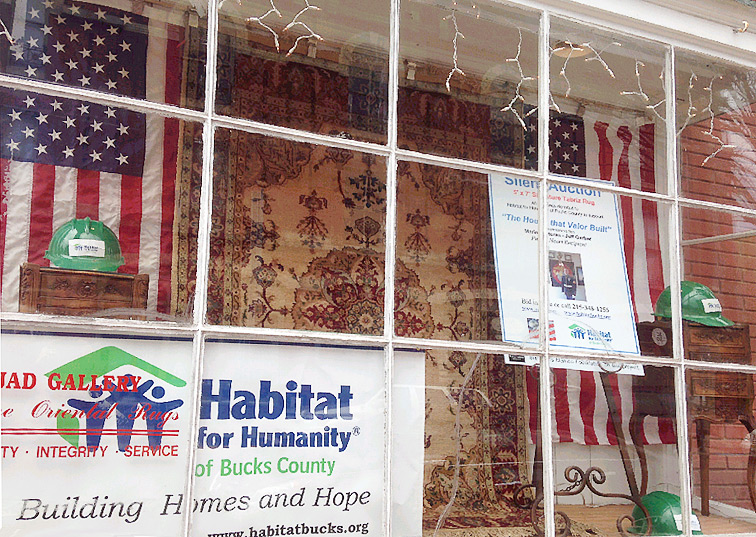 Nejad rugs showroom at 1 North Main Street in Doylestown PA displays Signature Tabriz rug for Auction to benefit Bucks Habitat for Humanity and USMC veteran Jeff Garber
