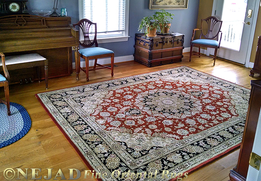  Tabriz Silk & Wool Burgundy/Black Medallion Rug 