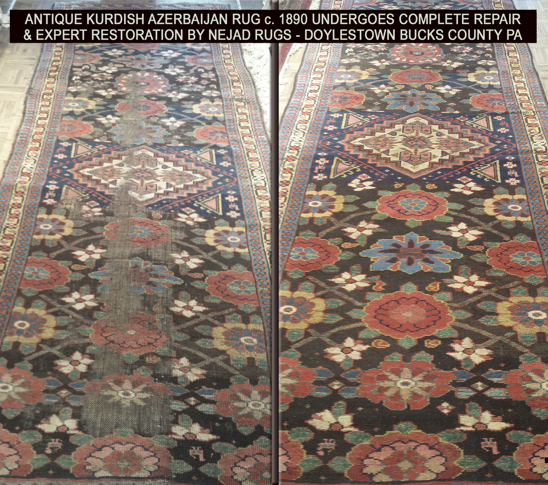 Before-After - Antique Kurdish Azerbaijan Rug Repair