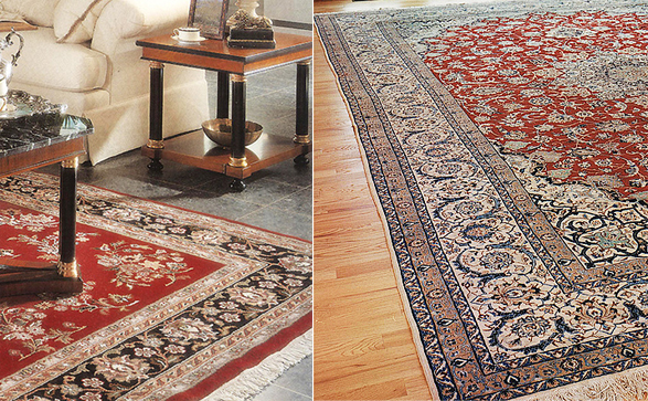 Nejad hand woven area rugs shown on both tile and hardwood floors