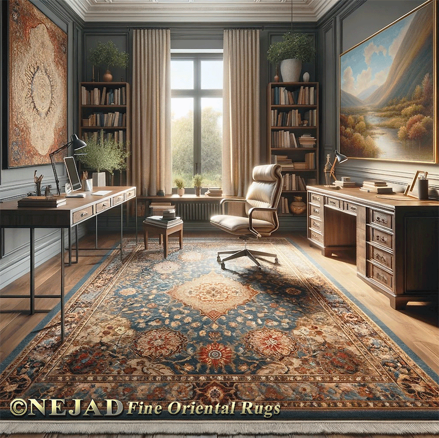 Home offic interior featuring Nejad Tabriz rug