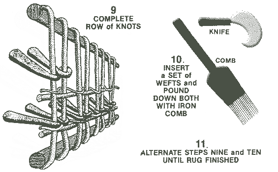 9. Complete row of knots; 10. Insert a set of wefts and pound down both with iron comb; 11. Alternate steps 9 & 10 until rug finished