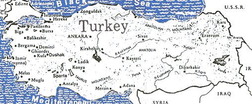 Map of Turkey showing carpet-producing areas.