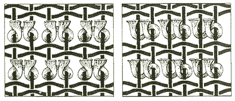 Depiction of two types of knots used in rug-weaving: the Turkish, or symmetrical, and the Persian, or asymmetrical, knot.