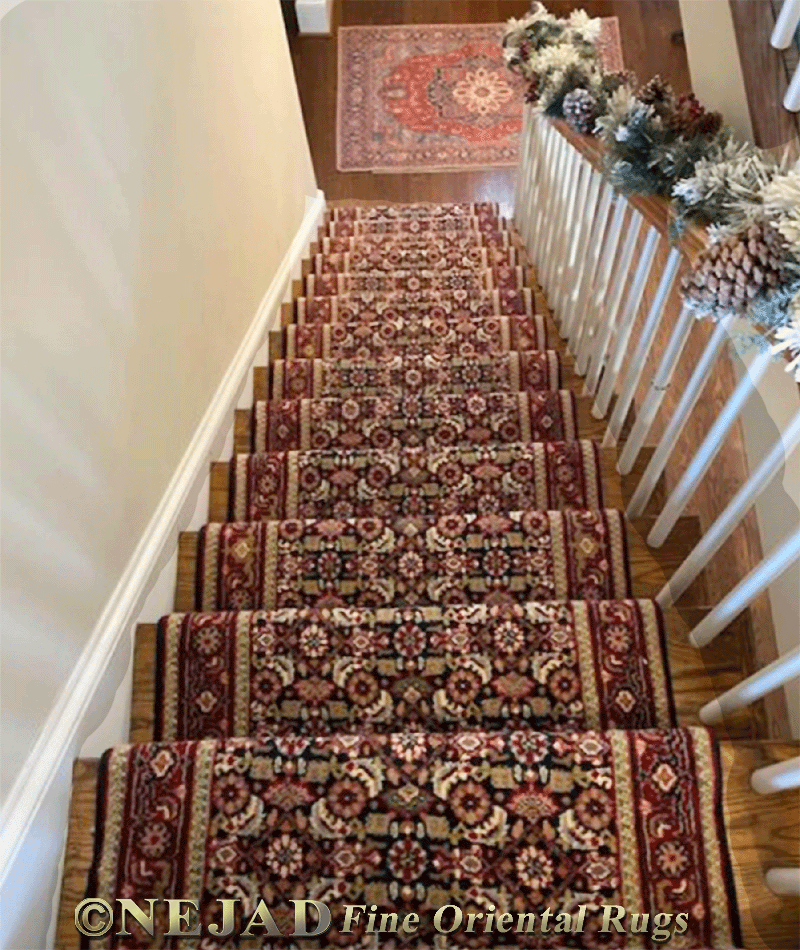 Runners installed on wooden stairs.