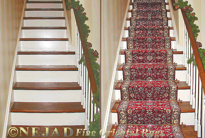 Nejad Rugs staircase runner installation in Doylestown, Bucks County PA - Before and after